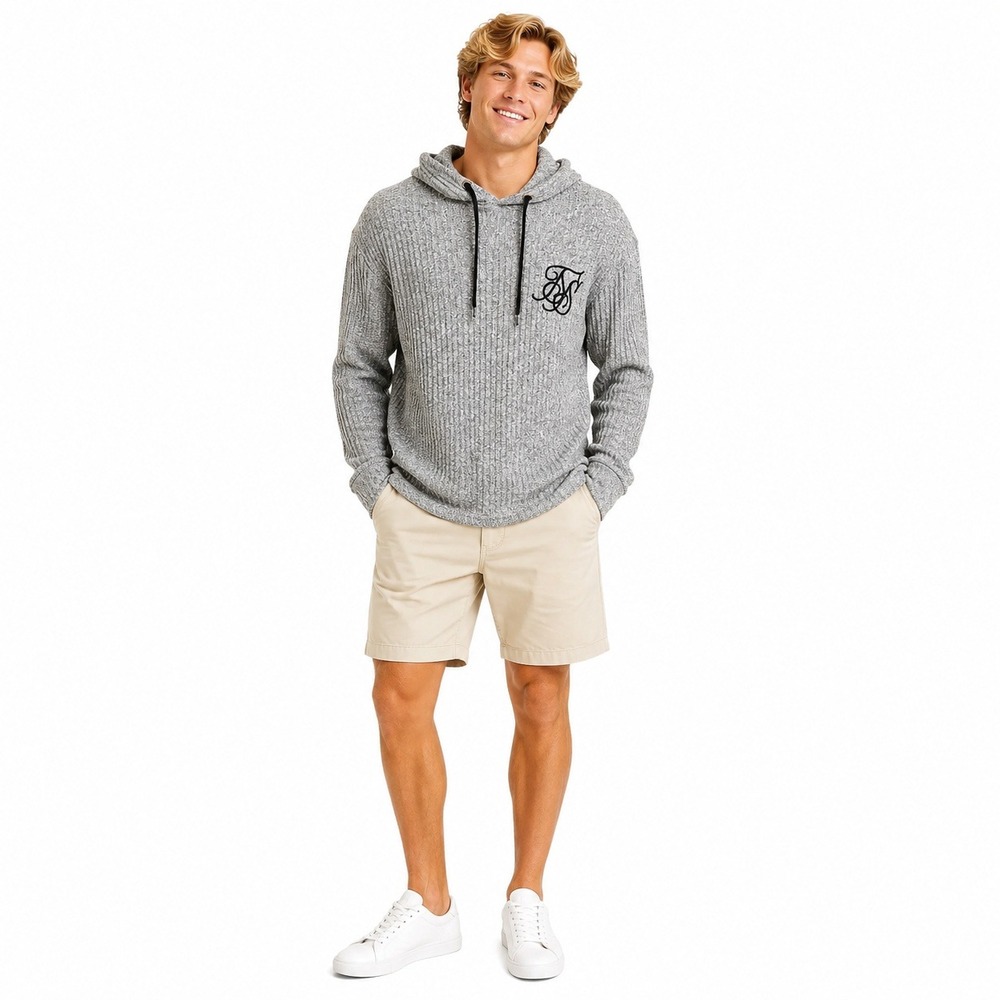 SikSilk Hoodie Mens M Grey Marle Ribbed‎ Knit Thumbhole Logo Streetwear Pullover